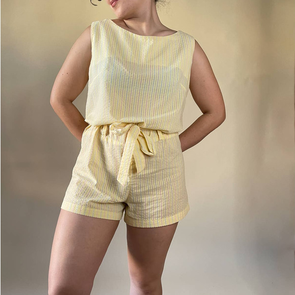 70s Vintage Pastel Yellow Striped Homemade Tie Waist Romper...